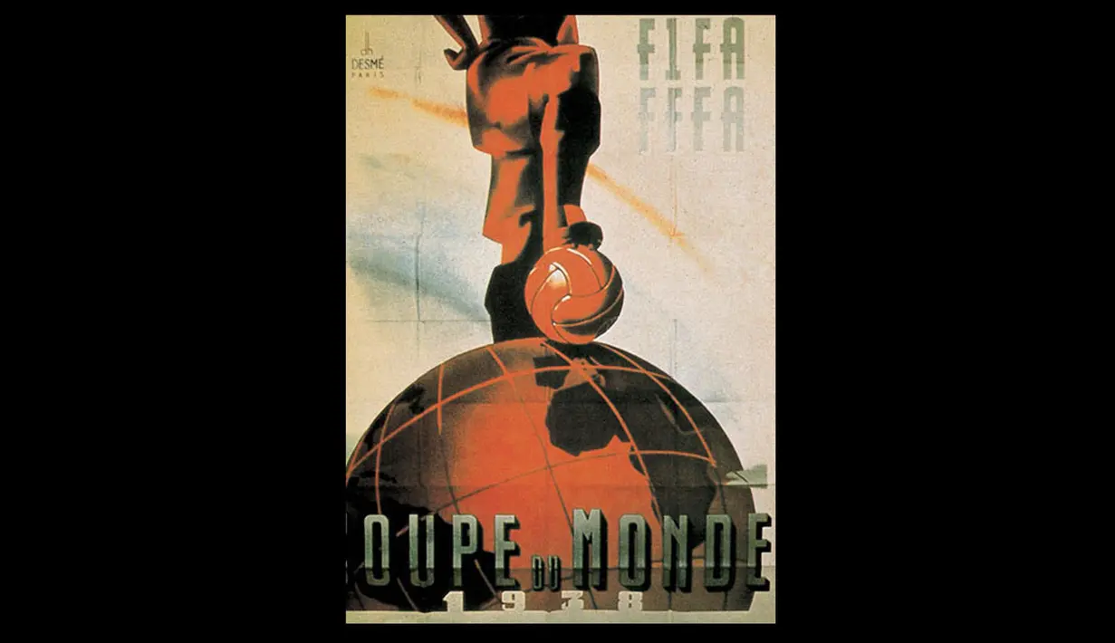 Poster Piala Dunia ke-3  tahun 1938 yang diselenggarakan di Perancis. Pemain bola yang sedang menginjak bola beralaskan bola dunia.  Italia keluar sebagai juara untuk kedua kalinya (Istimewa).