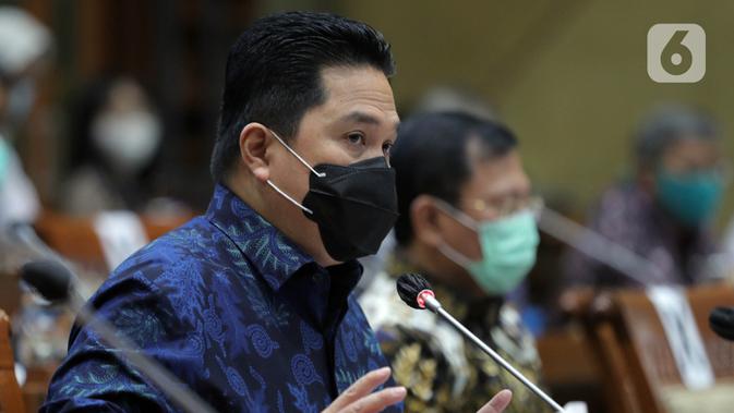 Ketua Pelaksana Komite Penanganan COVID-19 dan Pemulihan Ekonomi Nasional Erick Thohir saat rapat kerja dengan Komisi IX DPR di Kompleks Parlemen, Jakarta, Kamis (27/8/2020). Raker tersebut di antaranya membahas perkembangan tentang uji vaksin untuk COVID-19. (Liputan6.com/Johan Tallo)