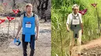 Foto kombinasi mendiang Putri Diana berjalan di ladang ranjau Huambo, Angola, 15 Januari 1997 dan saat putranya Pangeran Harry, mengikuti jejaknya dengan mengunjungi ladang ranjau di Dirico , Angola, 27 September 2019. (AFP Photo/The HALO Trust)