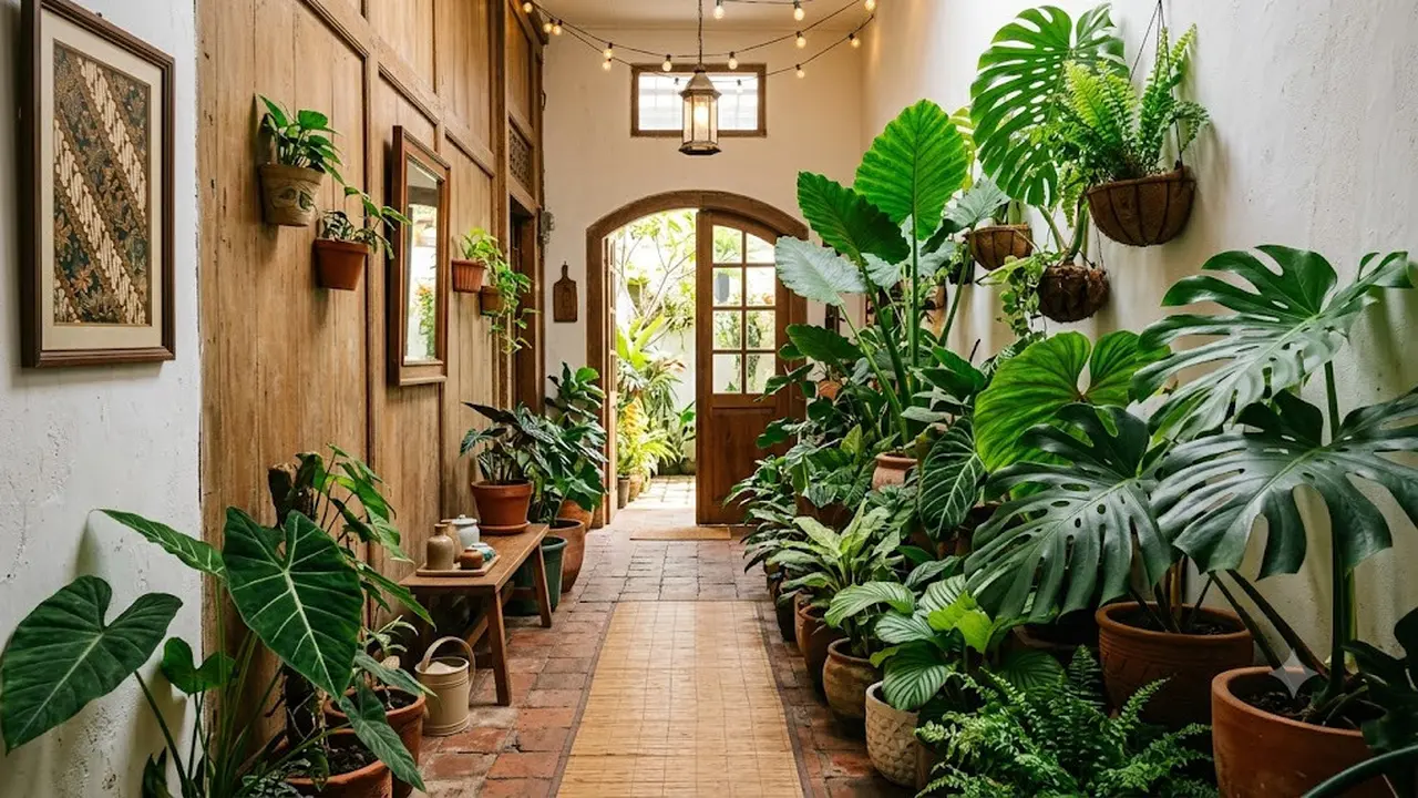 Ide Taman Mini di Lorong Rumah dengan Tanaman Berdaun Lebar