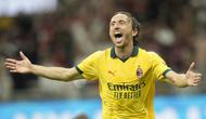 Selebrasi gol Luka Modric pada laga AC Milan vs Bologna pada pekan ke-4 Serie A 2025/2026 di San Siro -&nbsp;AP Photo/Luca Bruno