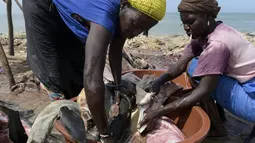 Nelayan perempuan membantu mencuci daging hiu yang telah dipotong, Pantai Mballing, Dakar, Senegal (1/4/2016). Daging hiu biasanya dikonsumsi, dijual di pasar lokal, hingga diekspor ke negara tetangga. (AFP Photo/Seyllou)