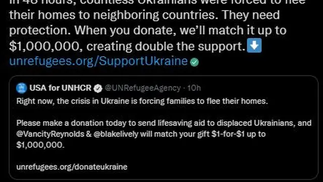 Unggahan Ryan Reynolds. Ia mengajak publik berdonasi, dan berjanji ikut menyumbang hingga US$ 1 juta. (Twitter/ VancityReynolds)
