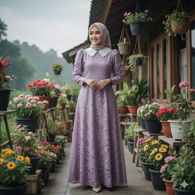 Gamis Brokat Lengan Balon Warna Lilac