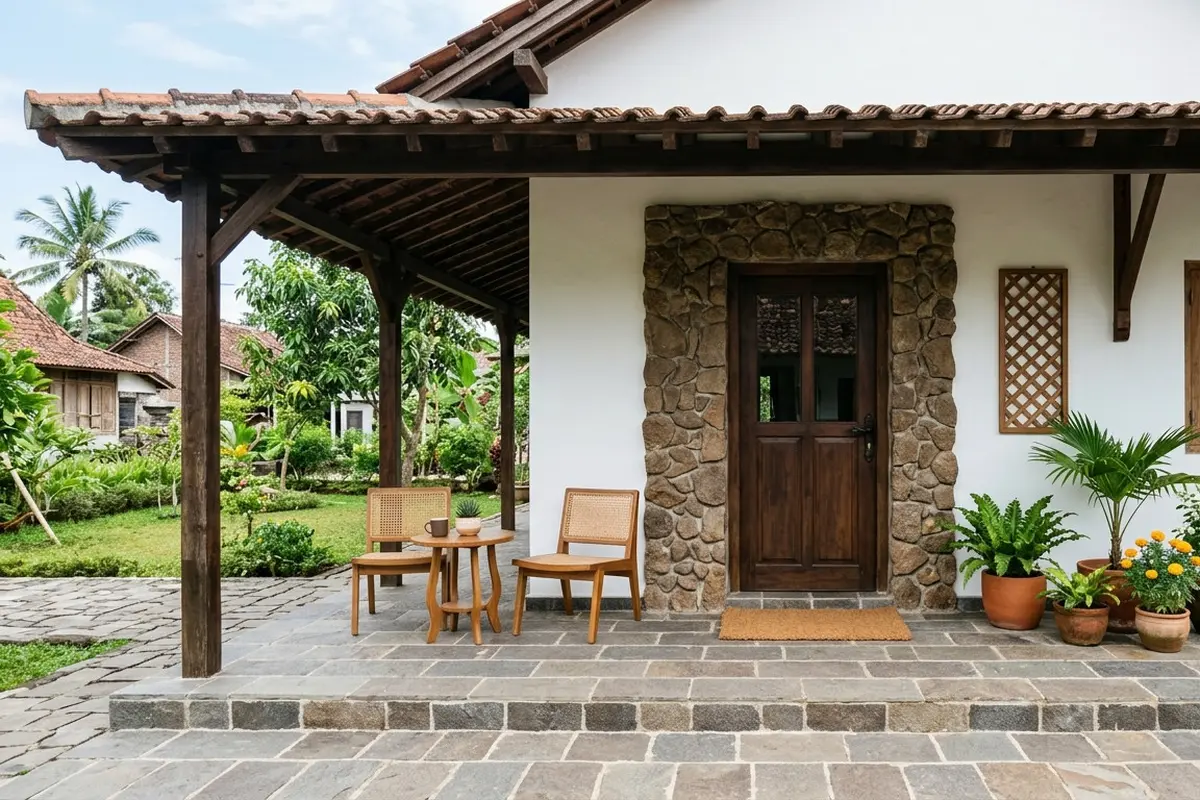Inspirasi Teras Rumah Desa dengan Batu Alam yang Awet Bertahun-tahun. Gemini