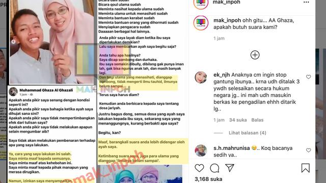 Unggahan Muhammad Ghaza Al Ghazali soal hubungan Aa Gym dan Teh Ninih. (Foto: Dok. Instagram @mak_inpoh)