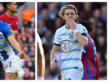 Hasil berbeda didapat dua klub anggota Big Six, Liverpool dan Chelsea dalam laga pekan ke-9 Liga Inggris 2022/2023, Sabtu (1/10/2022) malam WIB. The Reds yang menjamu Brighton and Hove Albion harus puas bermain imbang 3-3, sementara The Blues sukses melakukan comeback dengan memukul balik tuan rumah Crystal Palace 2-1. (Kolase AP dan AFP)