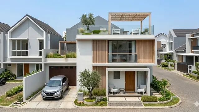 Rumah Kecil dengan Garasi dan Rooftop Modern (Foto: Gemini AI)