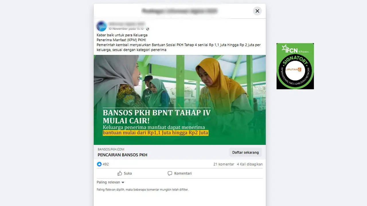 Tangkapan layar klaim link pendaftaran bantuan sosial PKH BPNT Tahap IV yang beredar di Facebook.