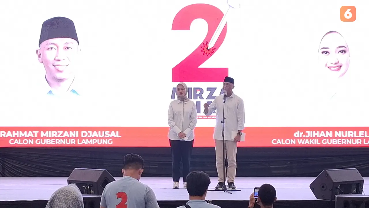 Pasangan calon gubernur dan wakil gubernur Lampung, Rahmat Mirzani Djausal-Jihan Nurlela di Gedung Graha Wangsa, Bandar Lampung. Foto : (Liputan6.com/Ardi).