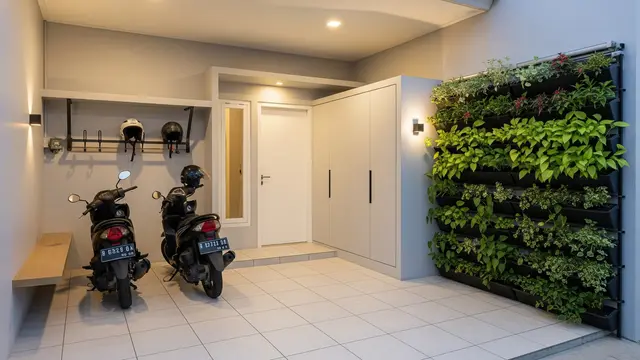 Model Teras Rumah Modern dengan Rak Helm & Parkir Motor Tertata/ Ilustrasi AI