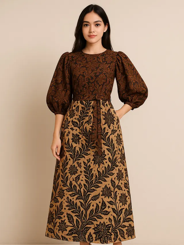 Model Dress Batik Lengan Balon Two Tone Kekinian