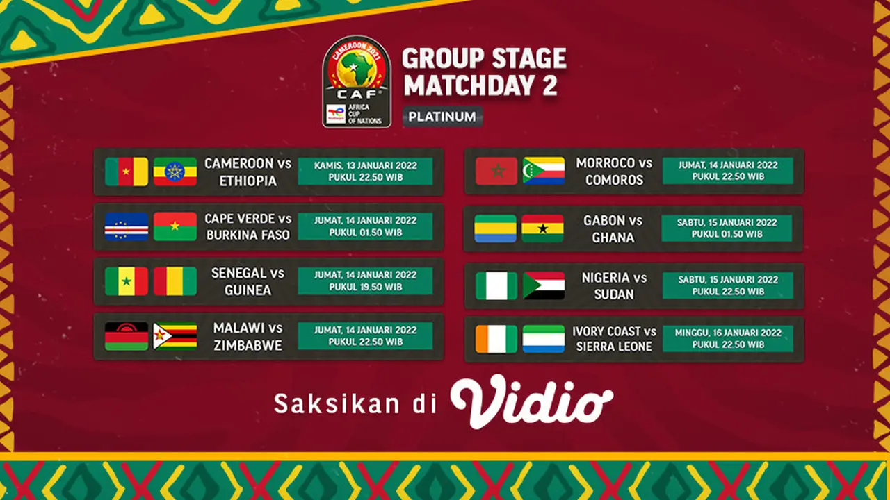 Link Live Streaming Piala Afrika 2021 Matchday 2 di Vidio, 13-16 Januari 2022