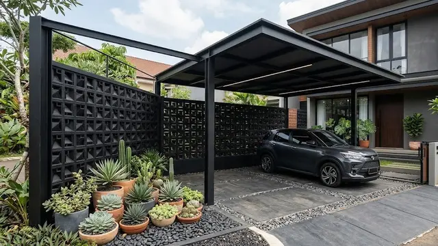 Carport Modern dengan Roster Hitam dan Sukulen (AI Generated)