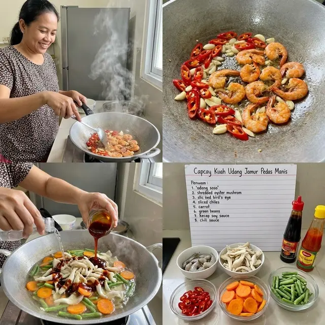 Memasak Capcay Kuah Udang Jamur Pedas Manis (Gemini AI)