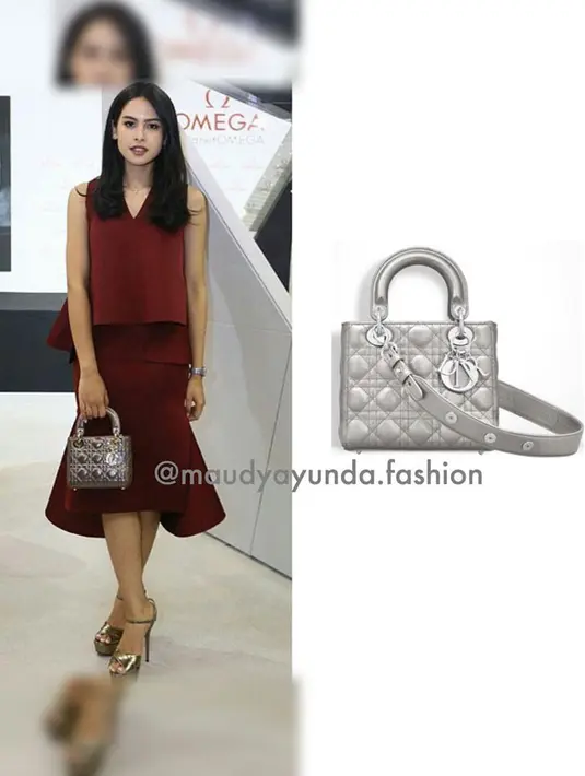 Gadis cantik kelahiran 19 Desember 1994 ini tampil cantik menawan saat mengenakan tas merek Dior. Tas kecil warna silver ini berharga Rp 38 juta. (Foto: instagram.com/maudyayunda.fashion)