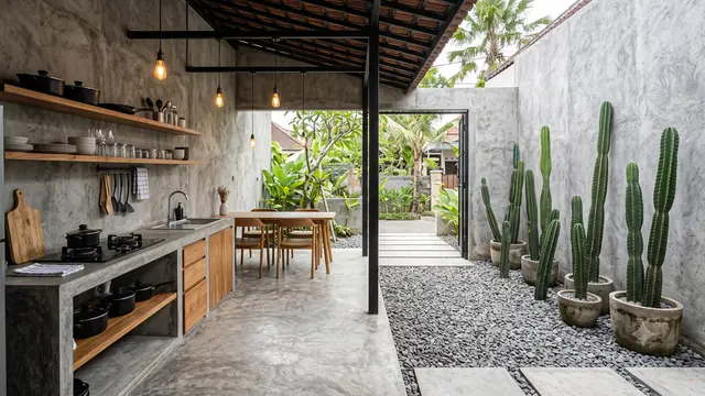 Desain Dapur Terbuka dengan Taman Kering Anti Ribet