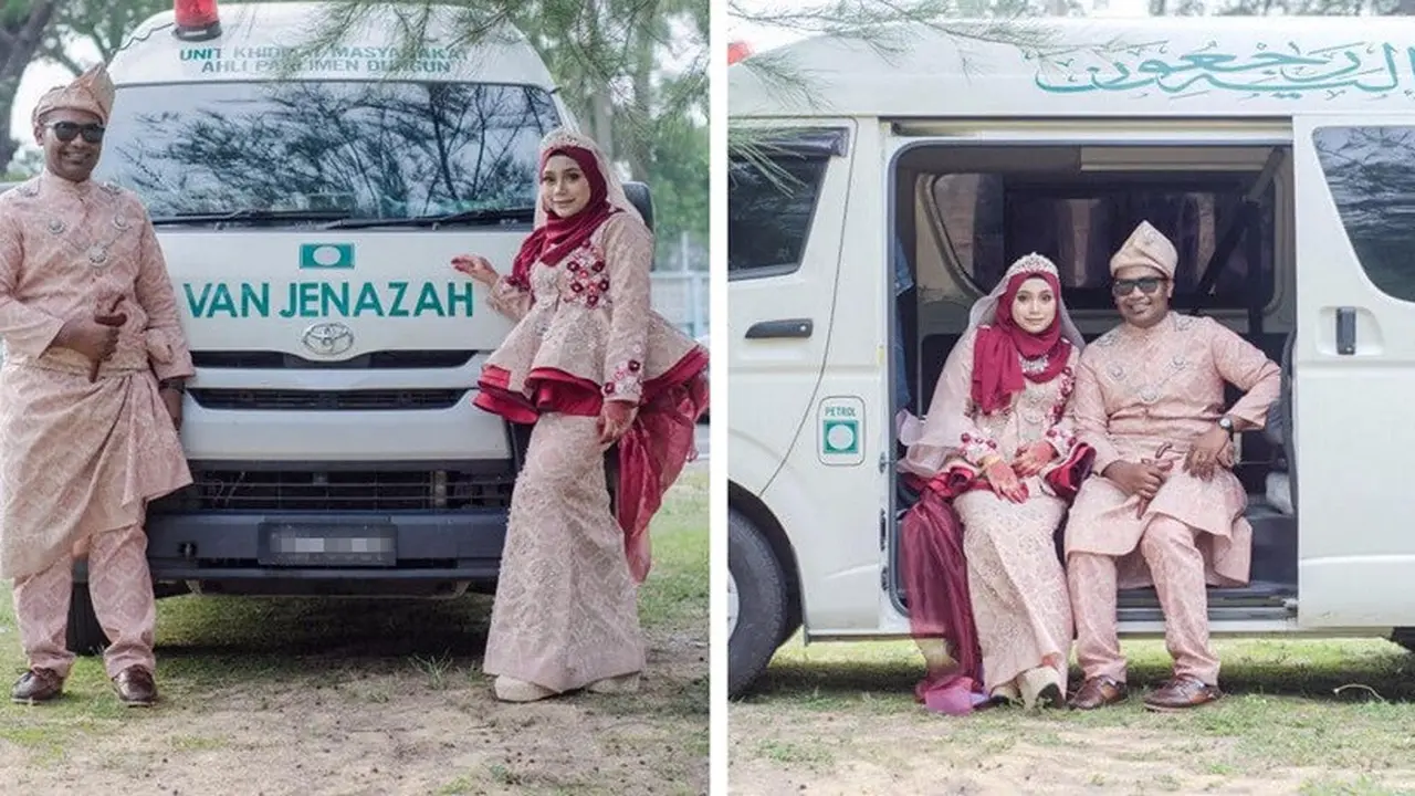 foto pernikahan di mobil jenazah (foto: Facebook Serah Mayat)