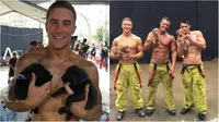 Sambil membawa anak anjing terlantar pinjaman dari Safe Haven Animal Rescue, mereka pun berpose hanya menggunakan celana. (Instagram/firefighterscalendar)