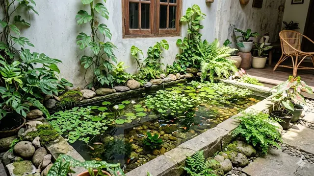 Desain Kolam Ikan Dangkal yang Menggabungkan Ikan dan Tanaman Hias