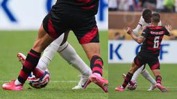 Foto kolase pemain Chelsea, Nicolas Jackson saat melakukan pelanggaran terhadap pemain Flamengo, Ayrton Lucas saat laga Grup D Piala Dunia Antarklub 2025 melawan Flamengo di Lincoln Financial Field stadium, Philadelphia, Amerika Serikat, Sabtu (21/06/2025) WIB. (AP Photo/Chris Szagola)