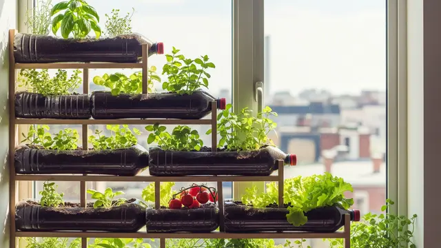Ilustrasi Desain Kebun Sayur Pocket Garden dari Botol Plastik Bekas/Gemini AI