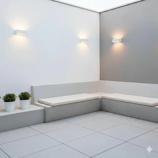 Desain Teras dengan Tempat Duduk Cor Menyatu Dinding (Foto: Gemini AI)