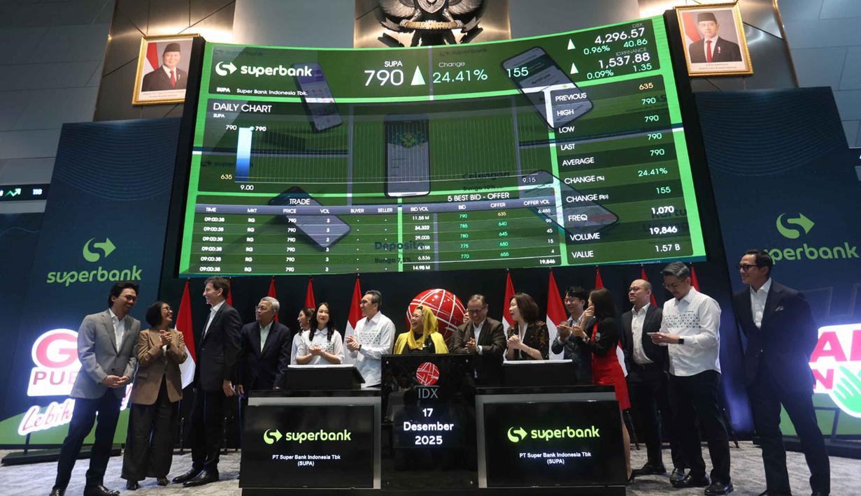 Suasana pencatatan perdana saham PT Super Bank Indonesia Tbk (SUPA) di Bursa Efek Indonesia (BEI), Rabu (17/12/2025). Hari ini, Rabu 17 Desember 2025, PT Super Bank Indonesia Tbk (IDX: SUPA; “Superbank”), bank dengan layanan digital yang didukung oleh Grab, Emtek, Singtel, KakaoBank dan GXS, resmi mencatatkan saham perdananya di Bursa Efek Indonesia (IDX). (Kapanlagi.com/Budy Santoso)