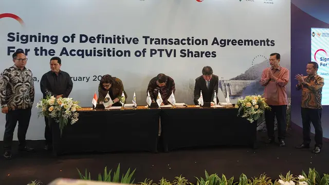 Penandatanganan kesepakatan divestasi saham PT Vale Indonesia Tbk (INCO), di Hotel Pullman, Jakarta, Senin (26/2/2024). (Foto: Liputan6.com/Arief RH)