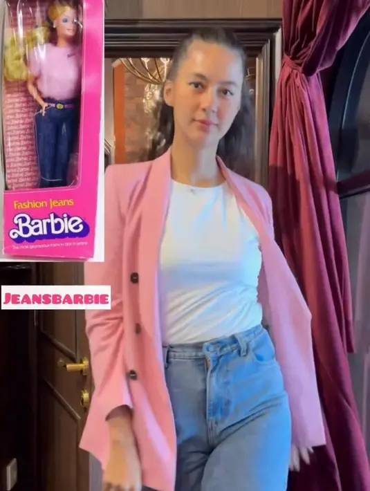 Ada juga Paula Verhoeven yang bergaya ala Jeans Barbie, dengan mengenakan kaus putih, blazer pink dan skinny jeans. [@zaskiasungkar15]