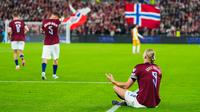 Pemain Timnas Norwegia, Erling Haaland, melakukan selebrasi setelah mencetak gol ke gawang Moldova dalam lanjutan Kualifikasi Piala Dunia 2026 di Ullevaal Stadium, Rabu (10/9/2025). (Cornelius Poppe/NTB via AP)