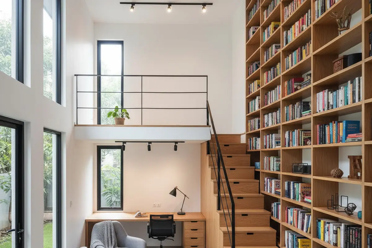 Inspirasi Rumah Kecil Mezzanine dengan Perpustakaan Mini di Area Atas