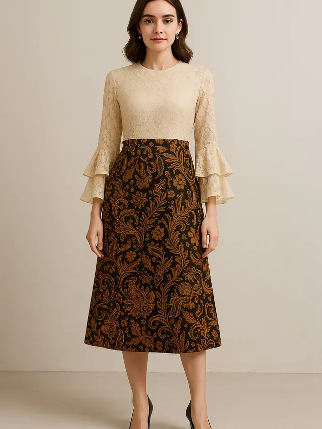 Model Batik Brokat Kombinasi Lengan Ruffle Modern