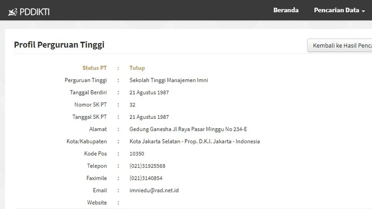 Salah Satu Data Dari laman Kemenristek Dikti Soal Keberadaan Kampus IMNI (sumber: forlap.ristekdikti.go.id)