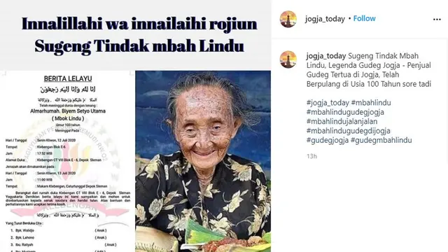 Berita kematian Mbah Lindu. (Instagram/ jogja_today)