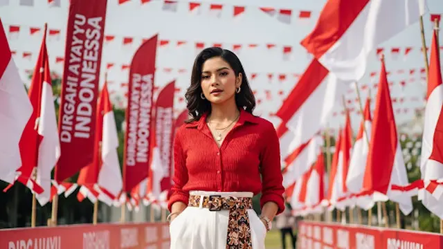Kemeja Merah Crushy & Celana Pleats Putih dengan Sabuk Aksen Etnik