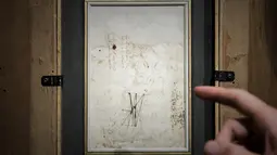 Gambar detail sketsa belakang karya Leonardo da Vinci yang dilelang di rumah lelang Tajan di Paris, Prancis (13/12). Sketsa lukisan itu ditemukan dalam portofolio seorang pensiunan dokter. (AFP/Philippe Lopez)