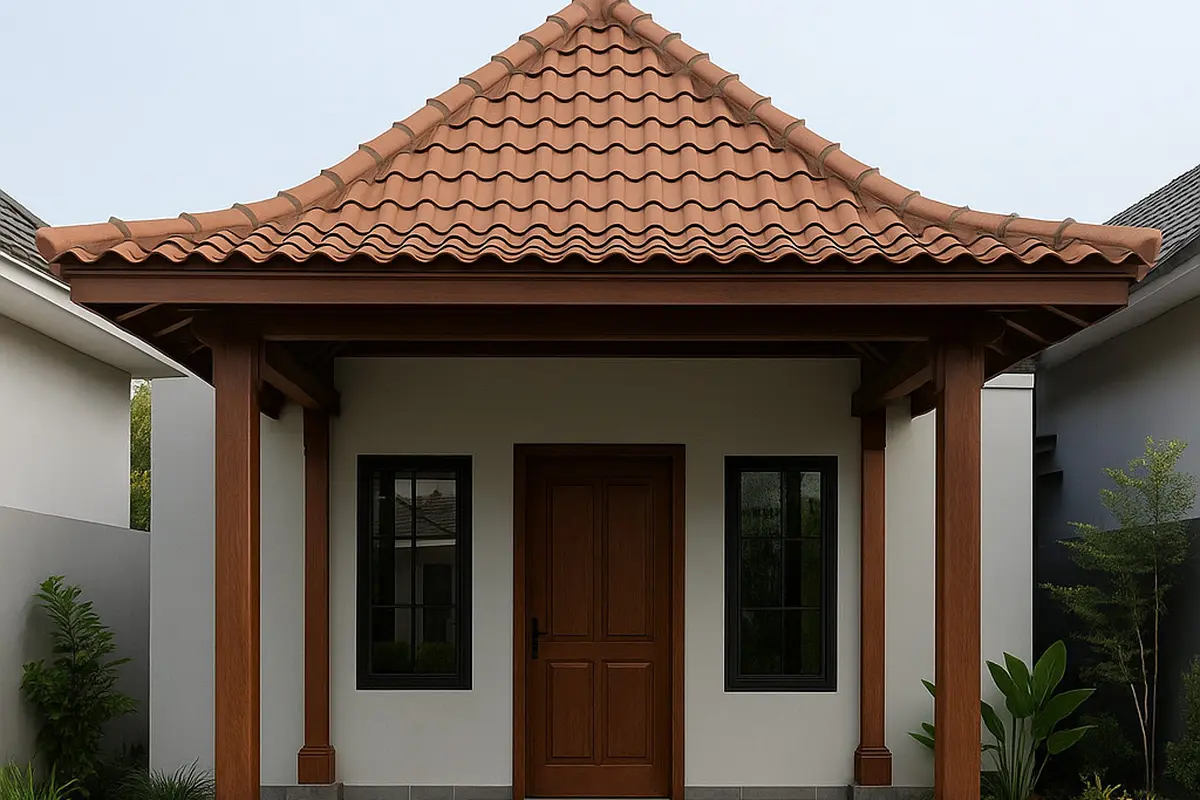 Model Teras Rumah Joglo Modern Model Tiang Kayu dan Lantai Granit/Via ChatGPT