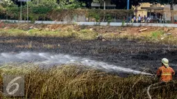 Petugas pemadam kebakaran melakukan pemadaman lahan yang terbakar di kawasan Lingkar Mega Kuningan, Jakarta, Minggu (13/9/2015). Diduga kebakaran lahan kosong tersebut puntung rokok yang dibuang sembarangan. (Liputan6.com/Faizal Fanani) 