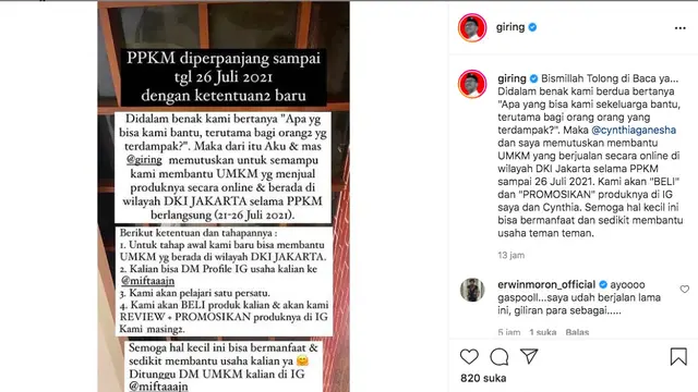 Giring Ganesha dan Istri Bantu UMKM Warga yang Terdampak Selama PPKM