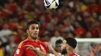 Sempat dikejutkan dengan gol bunuh diri, Robin Le Normand pada menit ke-18. Spanyol bangkit dan menyamakan kedudukan lewat gol Rodri di menit ke-39. (JAVIER SORIANO / AFP)