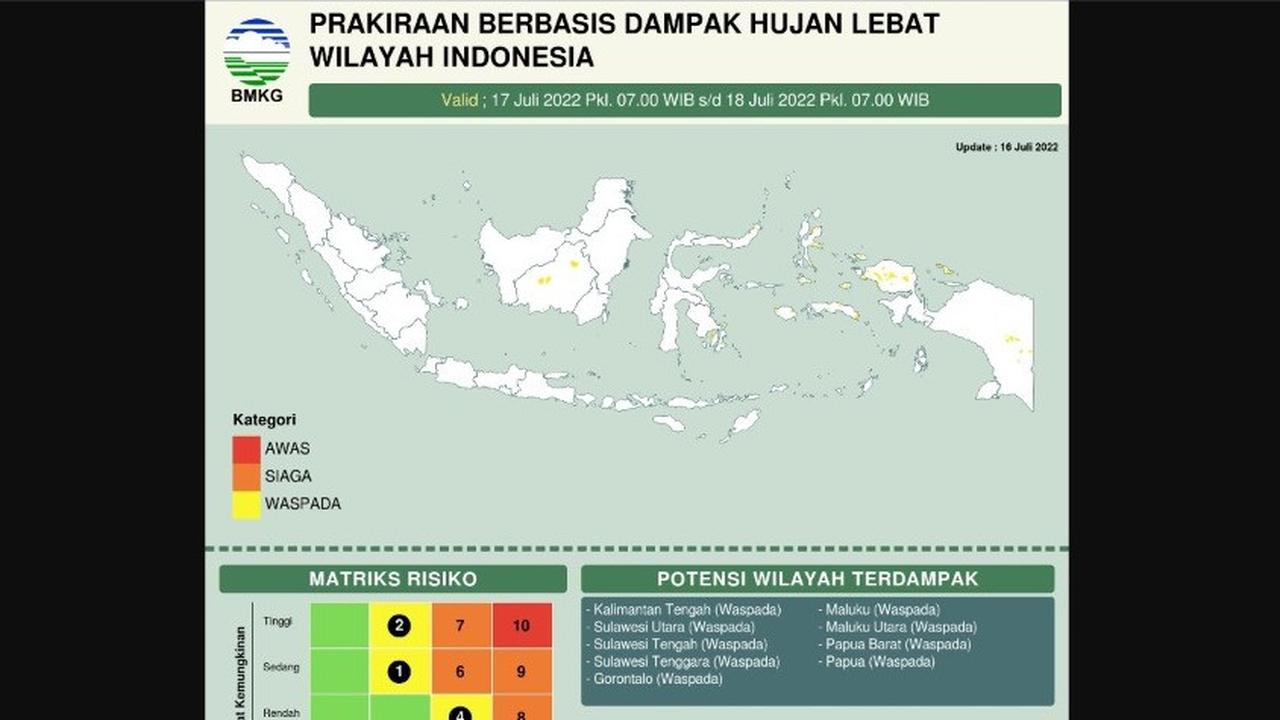 Badan Meteorologi, Klimatologi, dan Geofisika (BMKG) mengeluarkan peringatan dini terkait bencana hidrometeorologi (genangan, banjir, banjir bandang, dll) di sejumlah wilayah Indonesia.