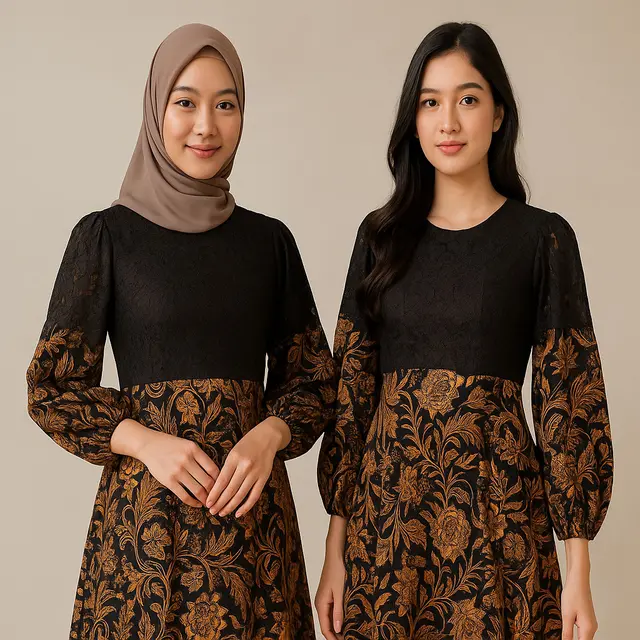 Model Dress Batik Brokat Kimono Lengan Puff 2025/Ilustrasi oleh AI