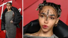 Foto kolase Tahliah Debrett Barnett atau yang lebih dikenal FKA Twigs saat menghadiri  British Fashion Awards di London pada 5 Desember 2022. (AFP/DANIEL LEAL)
