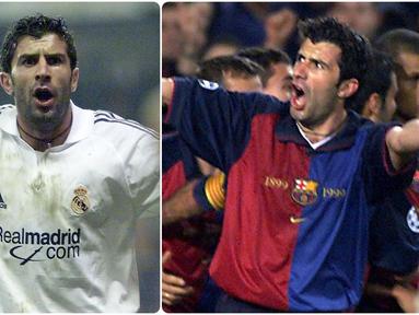 Legenda Real Madrid, Luis Figo, memiliki label tersendiri bagi fans Barcelona. Kepindahannya dari Barcelona ke Real Madrid adalah salah satu drama terbesar di dunia sepak bola, bahkan Figo dilabeli sebagai penghianat abadi oleh fans Barcelona kala itu. (kolase foto AFP)