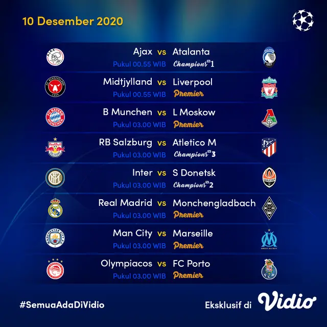 Jadwal Liga Champions Matchday 6 di Vidio