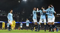 Manchester City menang 9-0 atas Burton pada laga leg pertama semifinal Piala Liga. (AFP/Paul Ellis)