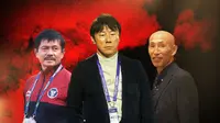 Timnas Indonesia - Shin Taae-yong diapit Indra Sjafri dan Satoru Mochizuki (Bola.com/Adreanus Titus)