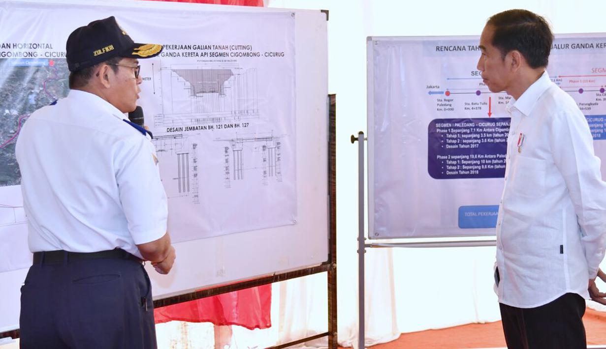 Presiden Joko Widodo (Jokowi) mendengarkan penjelasan terkait proyek Pembangunan Jalur Ganda Kereta Api Bogor-Sukabumi di Cicurug, Jumat (15/12). Jokowi didampingi Menhub Budi Karya meresmikan Groundbreaking proyek tersebut. (dok. Setpres)