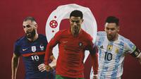 Ilustrasi - Karim Benzema, Crsitiano Ronaldo, Lionel Messi Piala Dunia 2022&nbsp;(Bola.com/Bayu Kurniawan Santoso)